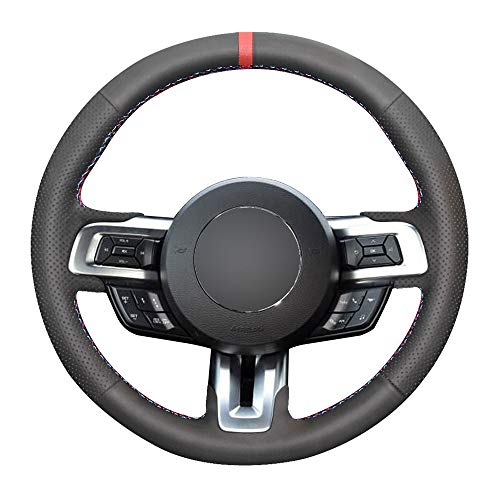 Eiseng DIY Stitching Customized Steering Wheel Cover for Ford Mustang 2015 2016 2017 2018 2019 2022 2022 Interior Accessories Stitch on Wrap Black Microfiber Leather(Red and Blue Thread)