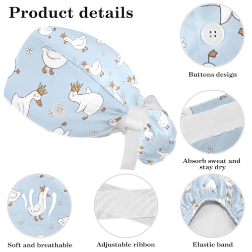 Image of Butterfly Scrub Cap Women with Ponytail & Buttons Adjustable Surgical Nurse Hat with Cotton Sweatband for Long Hair