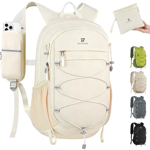 BECOJADDE Hiking Backpack 15L Small Backpack Packable Day pack Water Resistant Lightweight Travel Backpack for Women Men with Shoulder Strap Pockets for Hiking Camping Outdoor, Beige