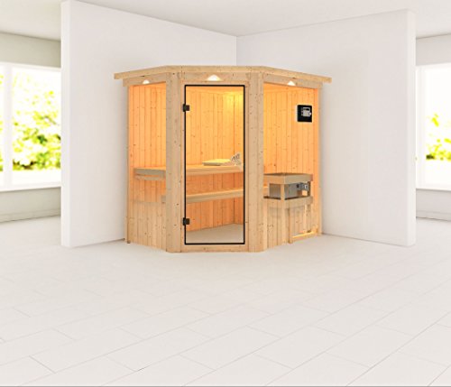 Carin- Karibu Sauna inkl. 9- kW- Ofen- mit Dachkranz