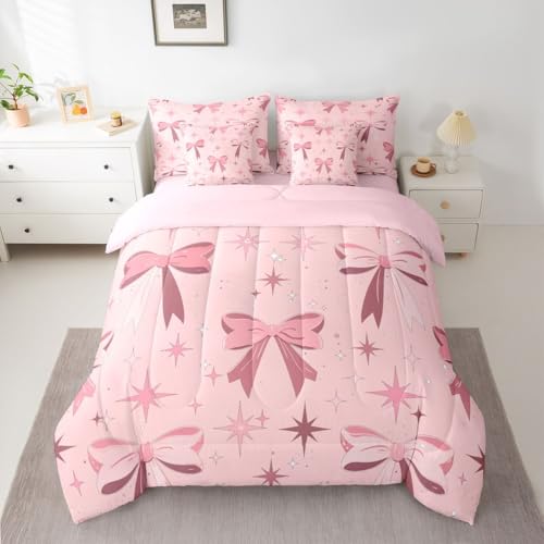Image of Cute Bow Bed in a Bag King Size Comforter Set 7-Piece | Princess Bow Bedding Sets Dreamy Ribbon Bowknot Comforter and Sheet Set, Stars Watercolor Room Decor,Pink Bow Decor