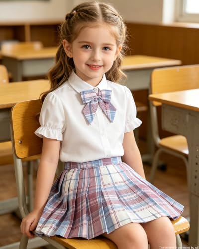 Image of Betusline Girls Skirt Set JK School Uniform 2-Piece Outfit - Short Sleeve Shirt with Bow & Pleated Skirt 4T-14Y