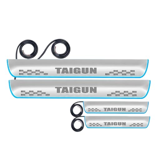 Image of Fabtec Car Door Foot Step Sill Plate with Mirror Finish LED Compatible with Volkswagen Taigun (Set of 4pc, Blue)(6 Month Warranty)