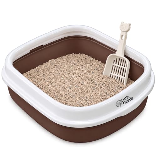 Image of Cat Litter Tray with Rim & Scooper (Brown, 46 x 38 x 13 cm) | Spacious Open Litter Box for Cats & Kittens | High Sides for Reduced Spills | Durable, Sturdy & Easy to Clean Toilet Tray