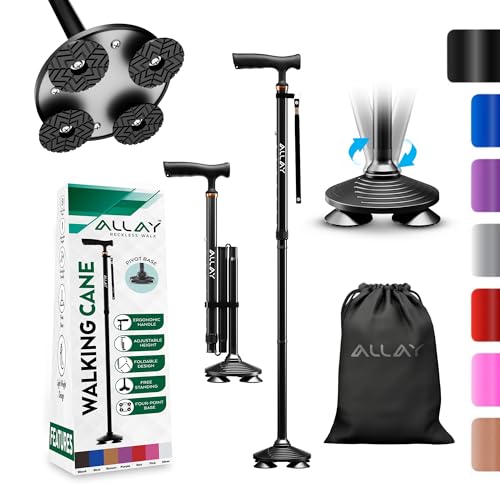 Allay Walking Canes for Men & Women - Adjustable Walking Canes for Women for Stability Self Standing Wide Quad Pivot Base Light Weight Soft Handle Grip and Travel Bag Walking Sticks for Seniors