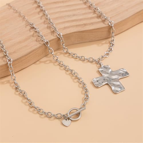 Gold Layered Chunky Cross Necklace for Women,Punk Vintage Hammered Big Cross Heart Pendant Neckalce Statement Thick OT Buckle Chain Necklace Fashion Jewelry4