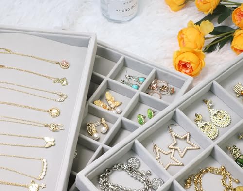Image of Wudygirl Stackable Jewelry Tray Organizer with Lid Set of 4 Jewelry Organizer Drawer Insert Velvet Earring Necklace Ring Bracelet Organizer for Women Girls(Set of 4,Gray)