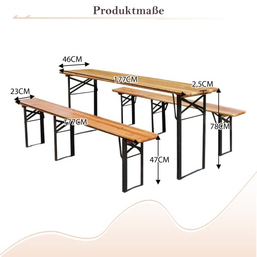 Set per panchina da birra con tavolo pieghevole, 3 pezzi, pieghevole, resistente alle intemperie, per terrazze e campeggio, legno di pino, 177 x 46 x 78 cm