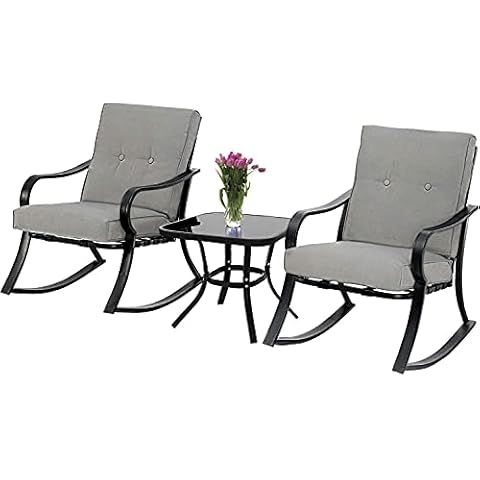 Omelaza Outdoor 3-Piece Rocking Chairs, Patio Bistro Furniture Set, 2 Black Steel Rocking Chairs with Cushion and Glass Top Coffee Table (Grey) Cover