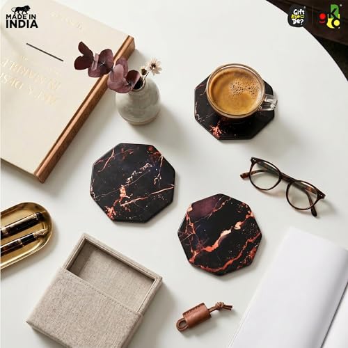 Image of GKD Wooden Coasters Set of 4 | Marble Design Glossy MDF Drink Coasters 3.5 Inch | Heat Resistant Tea Coffee Cup Holder | Table Protection for Home, Office & Dining | Made in India