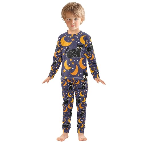 Fustylead Hand Draw Black Cat in Recumbent Pose and Stars Moon Cotton Pajamas 2-Piece Long Sleeve Sleepwear Matching Set3