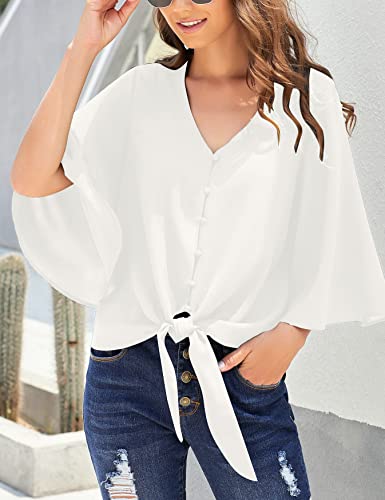 Luvamia Women'S V Neck Tops Ruffle 3/4 Sleeve Tie Knot Blouses Button Down Shirts thumb #3