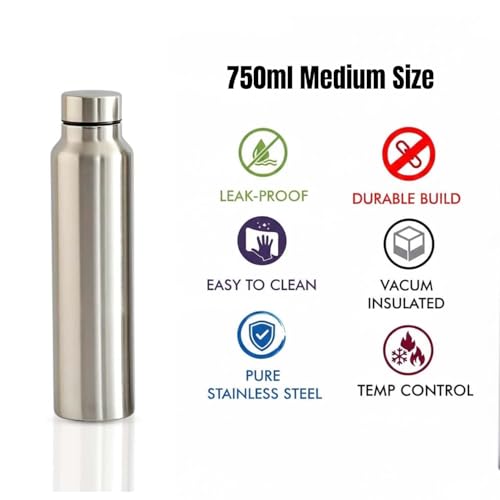 Image of 750ml Stainless Steel Water Bottle | Leak Proof, Rust Proof & BPA Free Metal Drinking Bottle | Reusable Steel Water Bottle for Office, Gym, College, Sports & Travel | Fridge Friendly | Silver