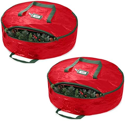ZOBER Christmas Wreath Storage Bag - Water Resistant Fabric Storage Dual Zippered Bag for Holiday Artificial Christmas Wreaths, 2 Stitch-Reinforced Canvas Handles (Set of 2,24 Inch, Red)