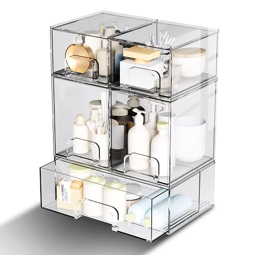 Binceen 5 Pack Stackable Storage Drawers, Clear Plastic Organizer Bins