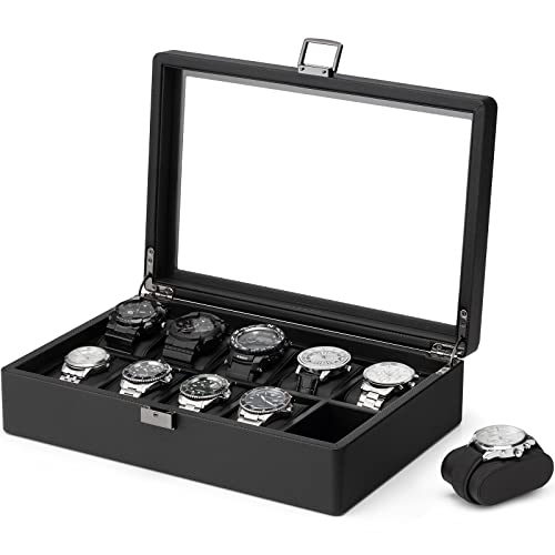 Vlando Uhrenbox Uhrenkasten mit Glasdecekel, Watch Box für Herren, Uhrenaufbewahrung Schmuckaufbewahrung, Multifunktionale Uhrenvitrine mit 6 Uhrenkissen