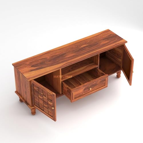 Image of Sheesham Wooden TV Unit for Living Room 55+ Inch Furniture - WoodenTV Unit with Drawer Shelves & 2 Door Wooden TV Cabinet for Living Room - Fits up to 55-Inch TV (James, Honey Finish)