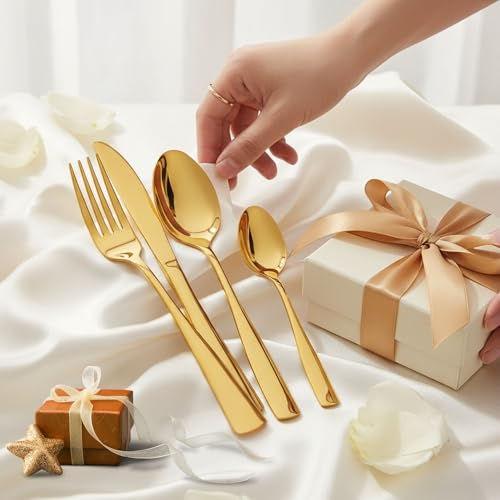 Image of 4 Pcs Gold Mirror Polish Stainless Steel Cutlery Set for Dining Table with Spoon and Fork Set & Butterknife - The Perfect Tableware /Flatware