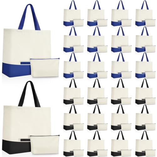Sanwuta 48 Pcs Canvas Tote Bag 18.5", Beige and Black,Beige and Royal Blue
