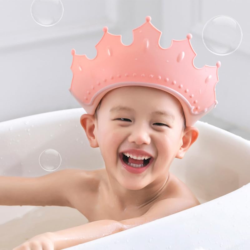Image of MERRYHAPY Adjustable Soft Rubber Baby Shower Cap Crown Shape Toddler Shampoo Hat Eye and Ear Protection Kids Bath Visor Pink