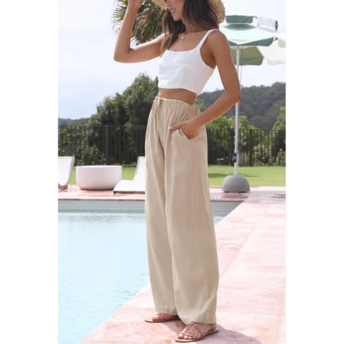 Image of Duyang Womens Cotton Linen Palazzo Pants Drawstring Elastic Waist Casual Wide Leg Trousers with Pockets