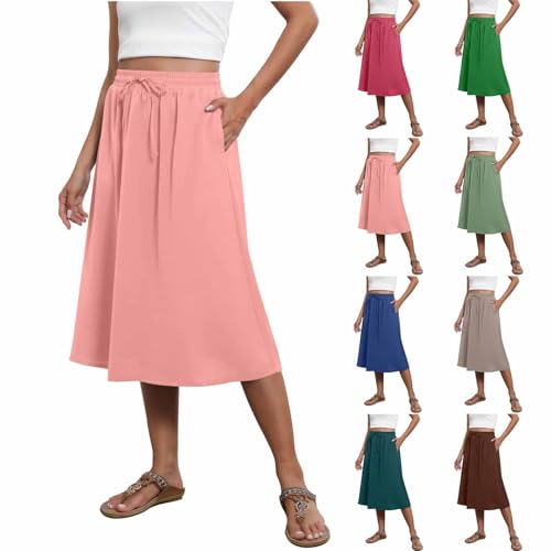HGps8w Casual A-Line Midi Skirt for Women 2025 Loose Elastic High Waisted Swing Boho Skirts with Pockets2
