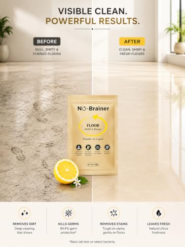 Image of No Brainer Floor Cleaner Value Pack, Plant-Based & Natural | Powder-to-Liquid, 5 Pouches Make 5 Litres, Citrus | For Marble, Tiles & Wooden Floors | Eco-Friendly, No Residue, Baby & Pet Safe