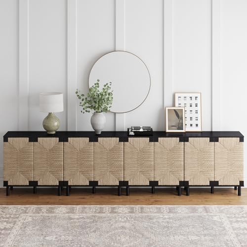 Image of Nathan James Beacon Accent Natural Sideboard Storage Cabinet TV Stand in Wire-Brushed Wood with Adjustable Interior Shelf and Seagrass Doors, for Hallway, Entryway or Dining Room, Black, Set of 4