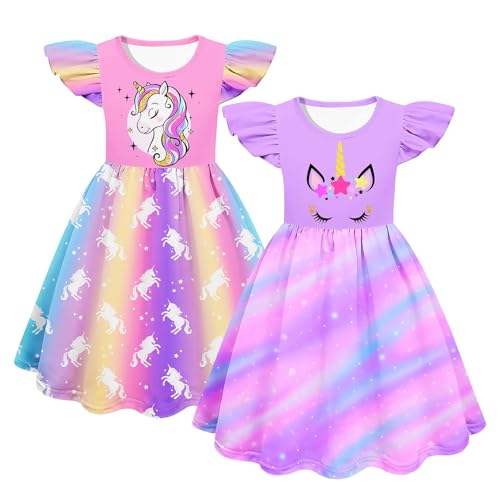 2PCS Flutter Sleeve Summer Dress Cute Toddler Dresses Party Birthday Sundress for Girls 4-8 Years