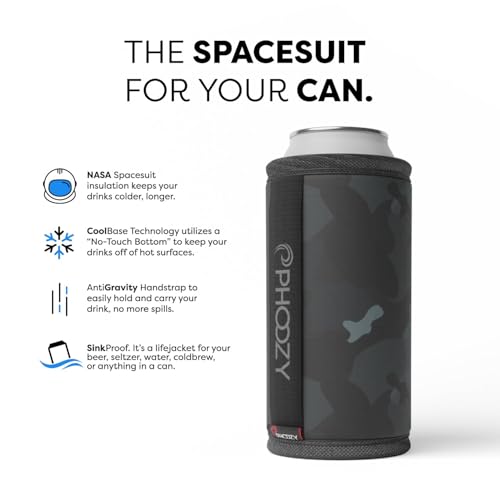 Image of PHOOZY Insulated Can Cooler for Tall 16 oz Cans - Patented Drink Sleeve with NASA-Inspired Technology - Keeps Beer, Soda & Sparkling Water Cold Longer - Lightweight Outdoor Can Holder - Black Camo