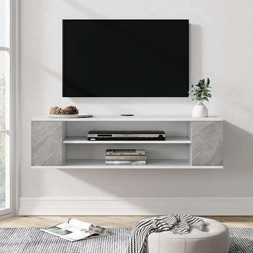 WAMPAT Floating TV Stand Shelf Wall Mounted Entertainment Center Floating Cabinet Media Console Storage Hutch Under TV Grey, 39 Inch