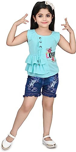 Image of Zenat Girls Polycotton Regular Fit Printed Round Neck Half Sleeve Casual Wear Top & Pant Set (Sky Blue 4-5 Years)