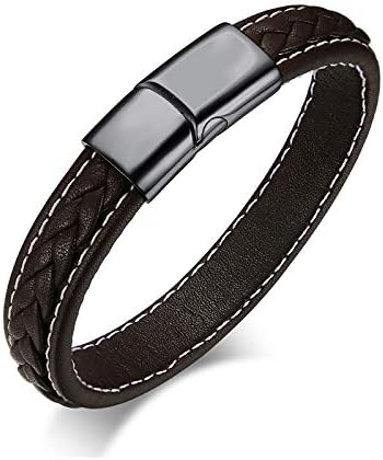 Rockyu Men’s Leather Bracelet Brown Braided Leather Stainless Steel Clasp Adjustable Bracelet for Men Fashion Jewelry Gift for Birthday