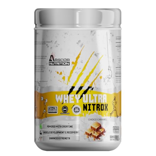 Image of Whey Ultra Nitrox by Arscor Nutrition | 24g Whey Protein + 2g Creatine Monohydrate | Lean Muscle, Strength & Recovery | No Sugar, Low Fat | Post Workout Protein Supplement (1 Kg, Choco Caramel)