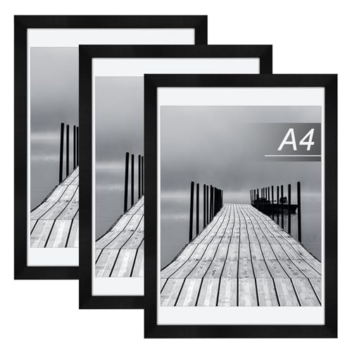 3pcs A4 Picture Frame A4 Black Photo Frame 21 x 29.7cm Wood Frames Poster Frame Certificate Frame for Wall Mounting Landscape or Portrait Orientation
