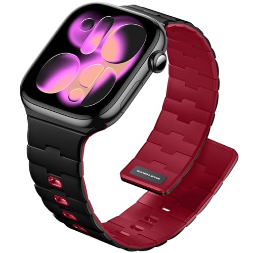 [Bandletic] アップルウォッチ用 バンド - マグネット式シリコン N54磁石バンド 対応42mm(Series 11/10) 41mm(Series 9/8/7) 40mm(Series SE3/SE2/SE/6/5/4) 38mm(Series 3/2/1) 男女兼用 スポーツ用 軽量 ブラック/レッド