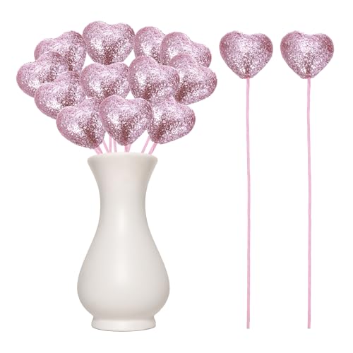 MECCANIXITY 12 Pcs Glitter Heart Shaped Picks Puffy Foam Hearts Floral Sparkly Stick for Valentine's Day Wedding Decorations Home Vase Supplies Flower Arrangements Crafts (Pink, 4cm x 22cm)