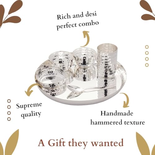 Image of Silverglow Hammered Stainless Steel Dinner Set for 4 People, Silver Plated dinnerware Set of 24 pcs, Diwali Wedding Return Gift, Pure-Silver Plate Set Original