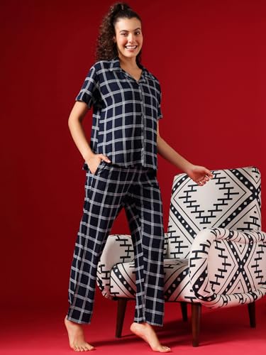 Image of Clovia Women's Cotton Classy Checks Shirt & Pyjama