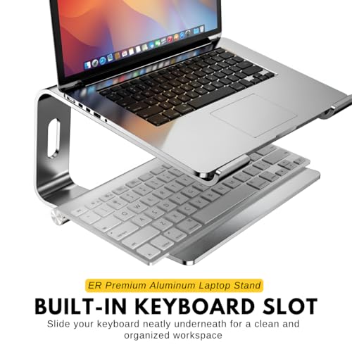 Image of ER Ergonomic Aluminium Laptop Stand for Table, Fits 10-16 Inch Laptops | Raises your laptop to eye level to improve posture and help reduce neck, back and eye strain during long sessions.