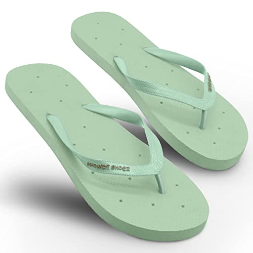 Image of Shower Shoez Womens Non-Slip Flip Flops with Drain Holes Protect Your Feet from Dirty Surfaces Slip-Resistant Soles, Quick-Drying, Lightweight Ideal for Gyms, Dorms, Pools (Soft Sage, 7-8)