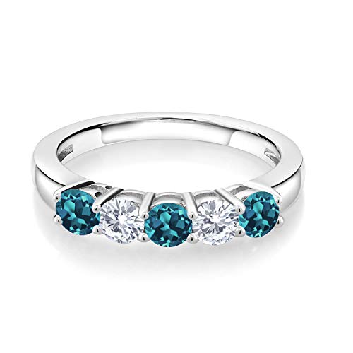Gem Stone King 925 Sterling Silver London Blue Topaz and White Moissanite Wedding Band Ring For Women (0.98 Cttw, Round 3.5MM, Gemstone November Birthstone, Available In Size 5, 6, 7, 8, 9)2