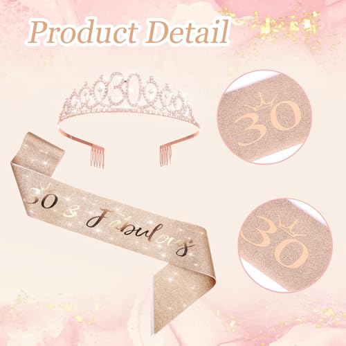 30 Geburtstag Frauen Deko Schärpe und Tiara, Geburtstag-Schärpe und Geburtstagskrone, Roségoldener Geburtstagsgürtel & Tiara-Krone, Geschenke für 30. Geburtstag Frauen