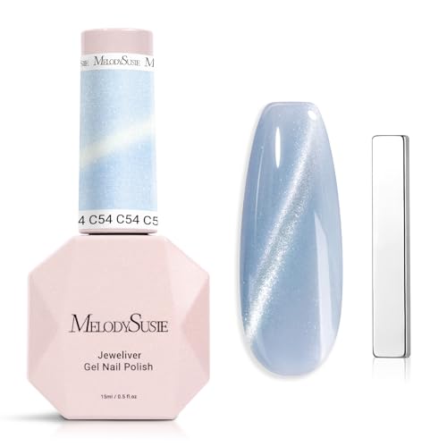 Image of MelodySusie Jeweliver Cat Eye Gel Nail Polish, 0.5 Fl Oz Light Blue Glitter Holographic Magnetic Nail Polish with Magnet, UV Nail Polish for Nail Art Manicure Salon DIY at Home C54
