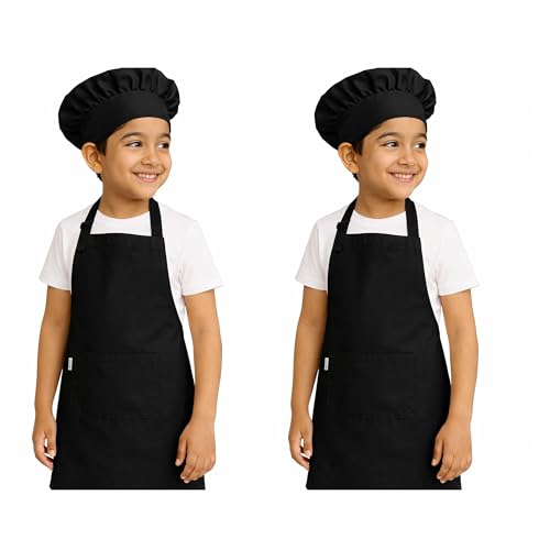 Image of uniformer Kids Apron with Chef Cap for Cooking, Baking, Painting Art & Crafts | Adjustable Child Apron with 2 Pockets | Great for Kitchen, School