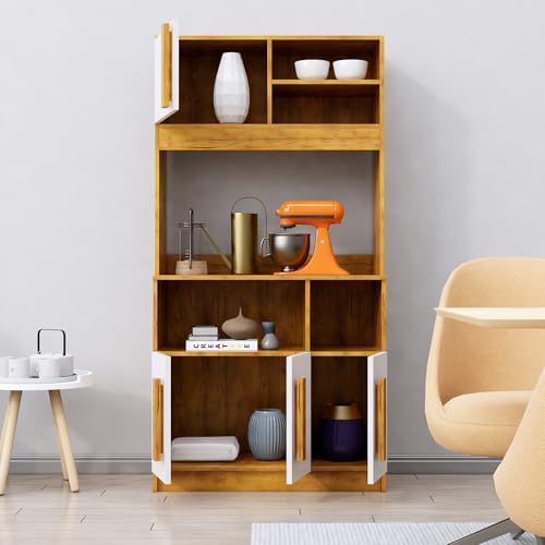 Image of Bniture Multipurpose Kitchen Cabinet | Engineered Wood Crockery Cabinet Modern with 4 Doors & Shelves | Crockery Unit for Dining Area | Kitchen Crockery Cabinet for Home | Giant Wood & Frosty White