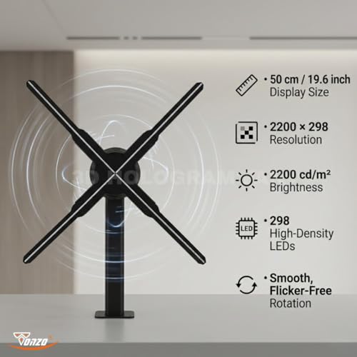 Image of TONZO 50 cm 3D Hologram Fan Display, 4 Blade LED Holographic Advertising Fan, 2200x298 Resolution, Wi-Fi App Upload via Mobile & Laptop, Bluetooth Speaker, Display for Shop, Mall & Retail Advertising