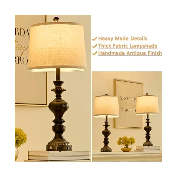 275 farmhouse table lamps set of 2 bedside lamp with usb ca ports ac outlet 3 way dimmable touch lamps for living room bedroom office hallway rustic nightstand traditional lamp  urban country home decor