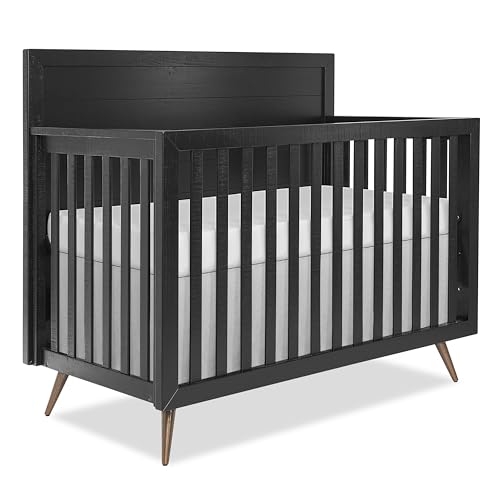 Image of Evolur Stilnovo Mid-Century 4-in-1 Convertible Crib in Onyx Black – Greenguard Gold Certified, Solid Wood Construction, 3 Mattress Heights – Converts to Toddler, Daybed & Full-Size Bed