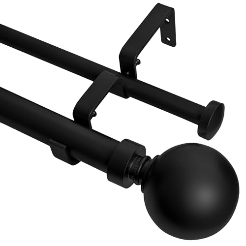 Meriville 1-Inch Diameter Ball Telescoping Double Window Treatment Curtain Rod, 84-Inch to 120-Inch, Black